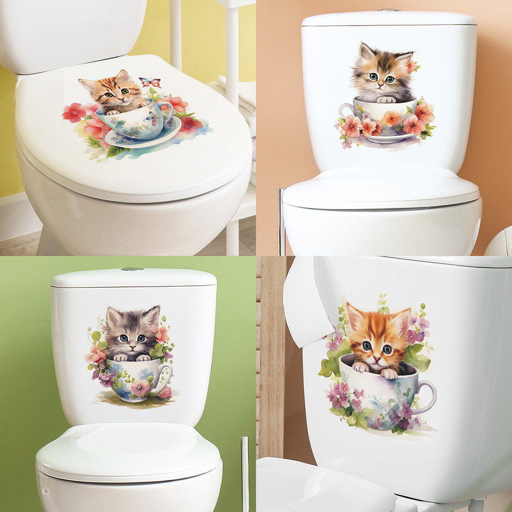 Home Bathroom Wall Tiles - Cute Tea Cup Cat Flower Wall