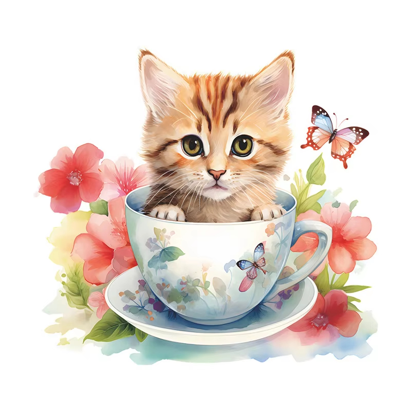 Home Bathroom Wall Tiles - Teacup Cat Flower Wall Stickers Decorative