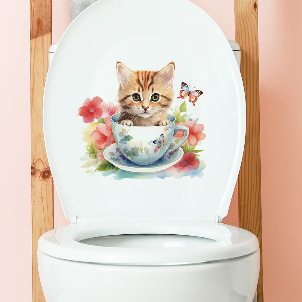 Cute Tea Cup Cat Flower Wall S - Home Bathroom Wall Tiles recension och pris